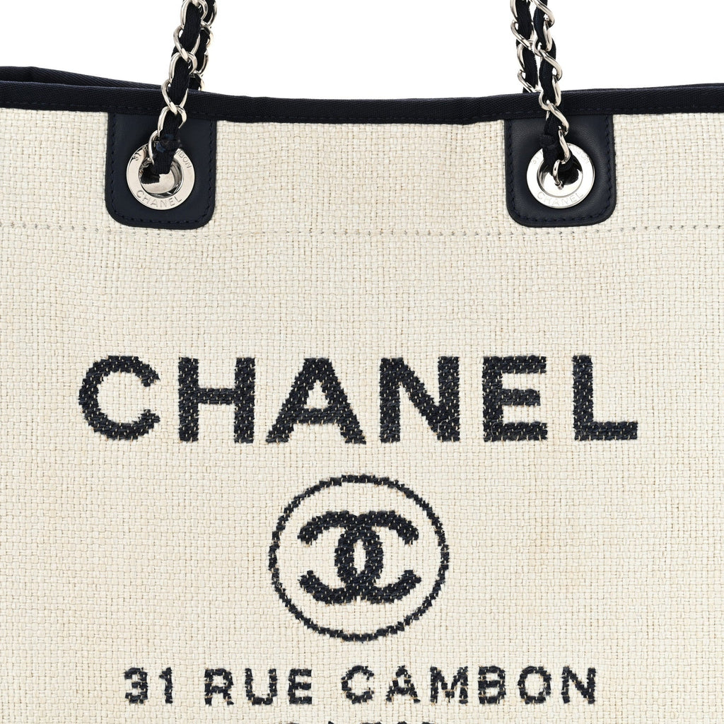 Woven Straw Raffia Small Deauville Tote White Navy