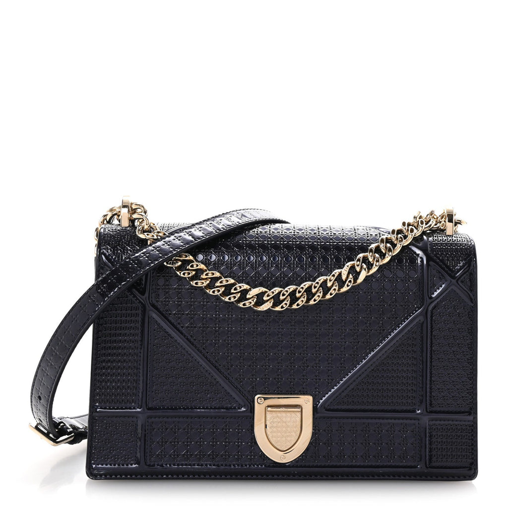 Metallic Patent Micro-Cannage Medium Diorama Flap Bag Navy Blue