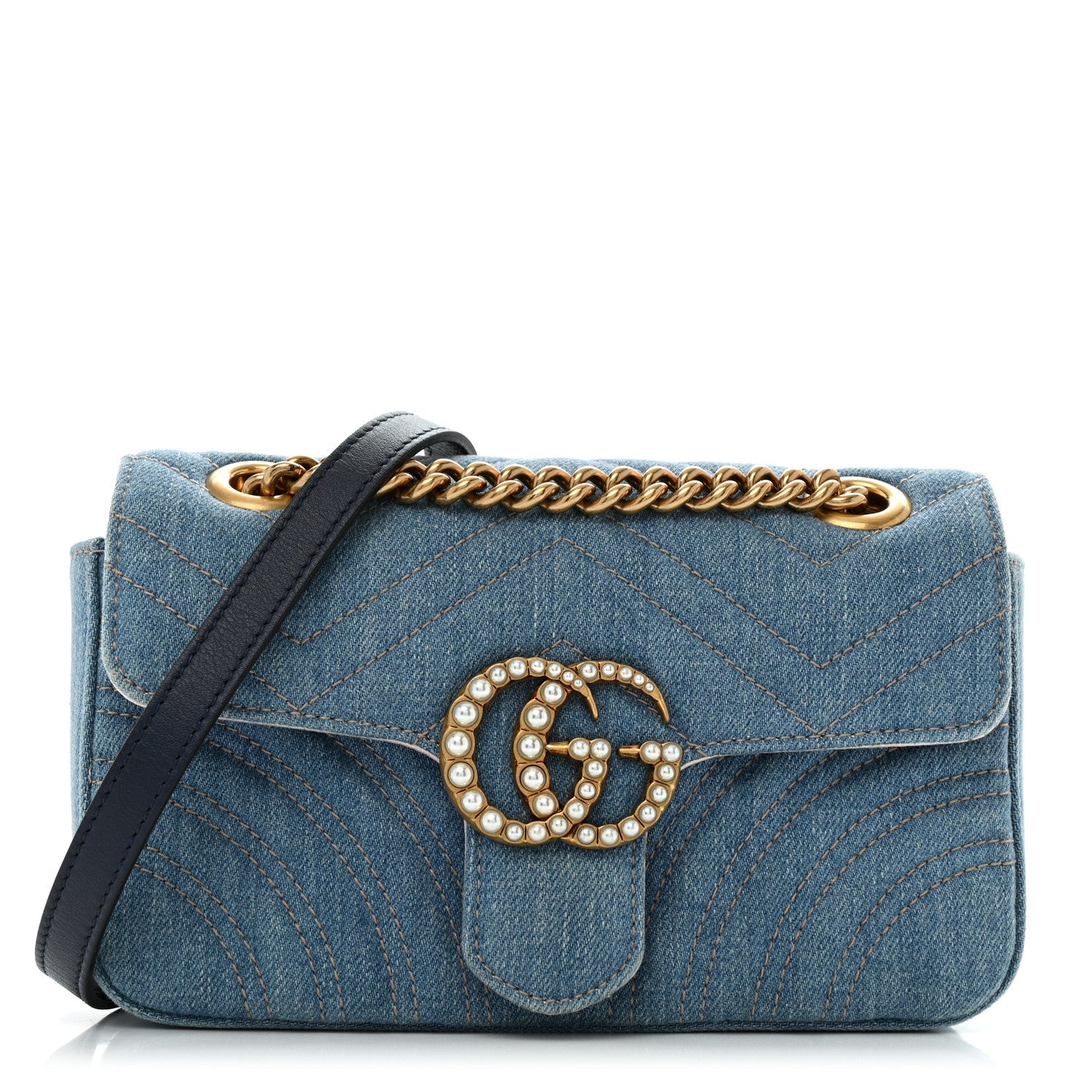 Denim Matelasse Mini Pearly GG Marmont Shoulder Bag Blue
