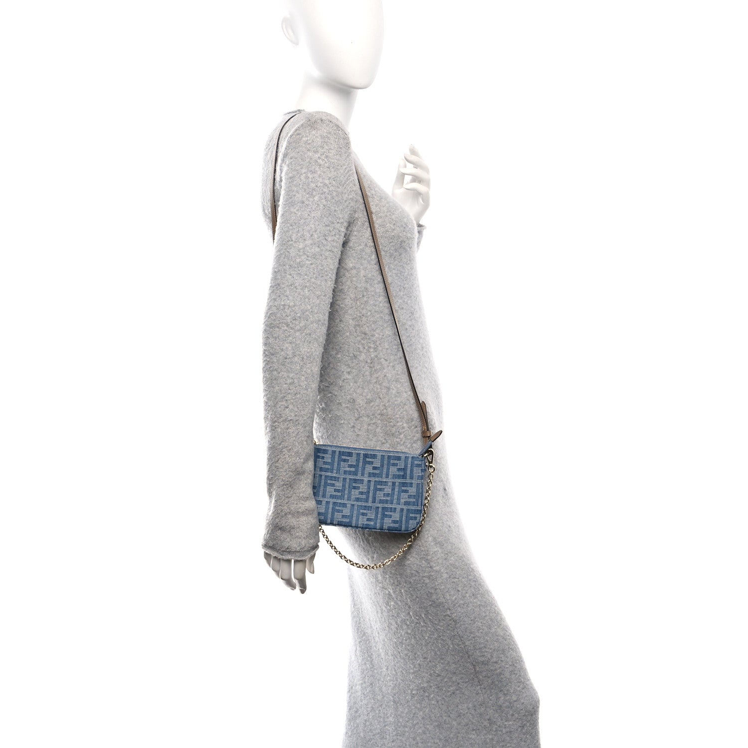Denim Vitello King F is Fendi FF Embroidered Baguette Pouch Denim Sand