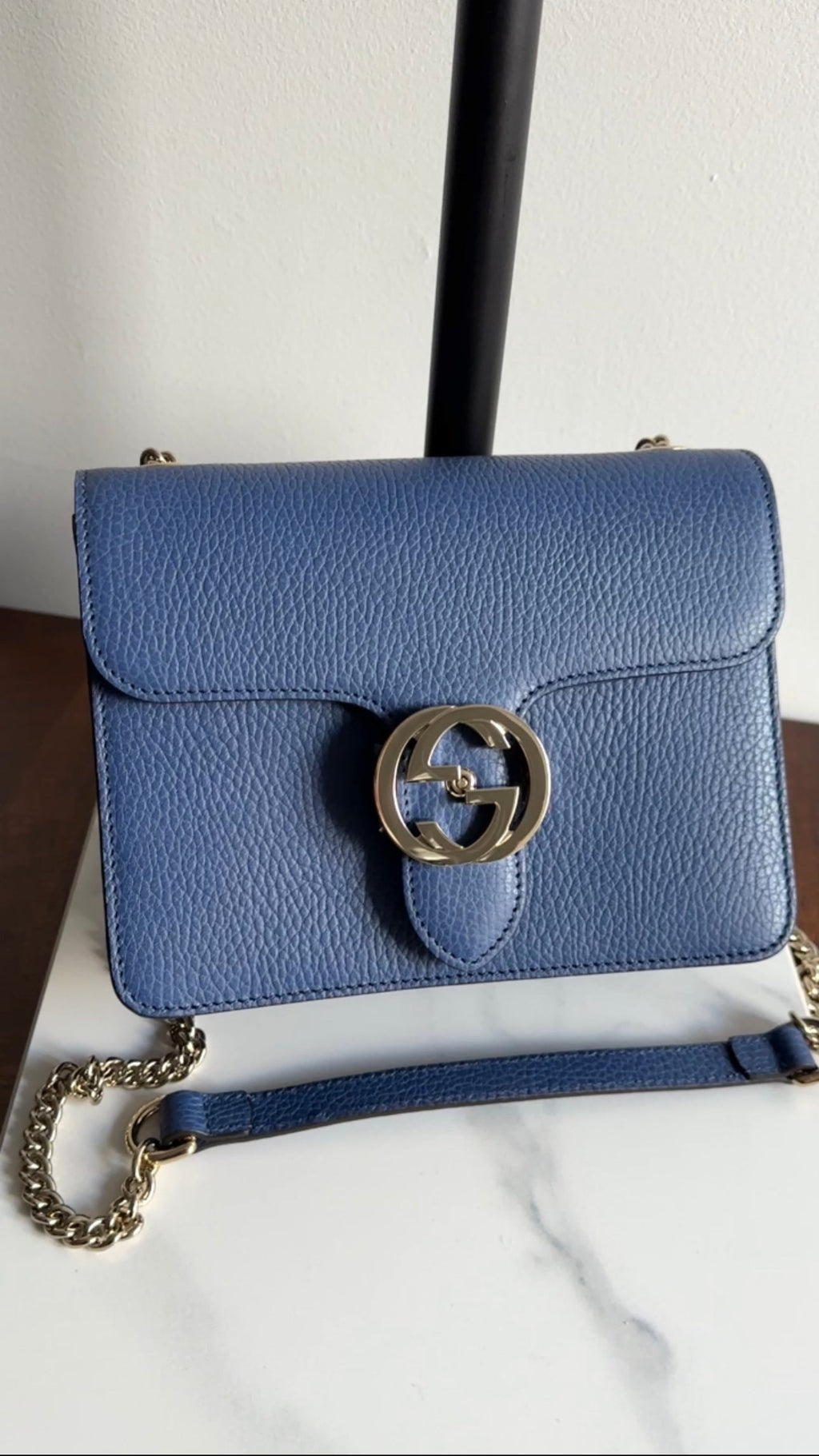 Gucci Blue Leather Small Dollar Interlocking G Chain Flap Bag