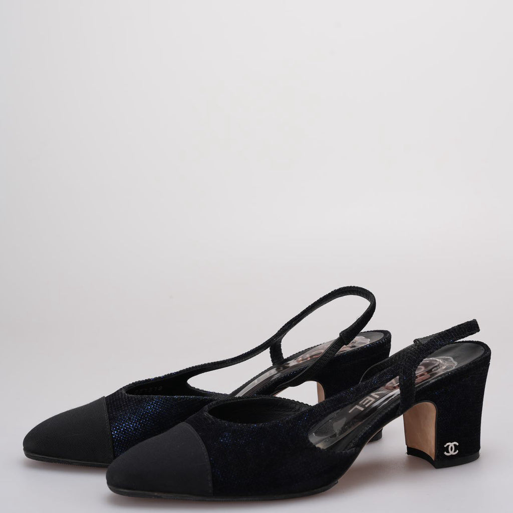 Chanel CC Logo Black / Blue Leather Slingback Pumps Size 38.5