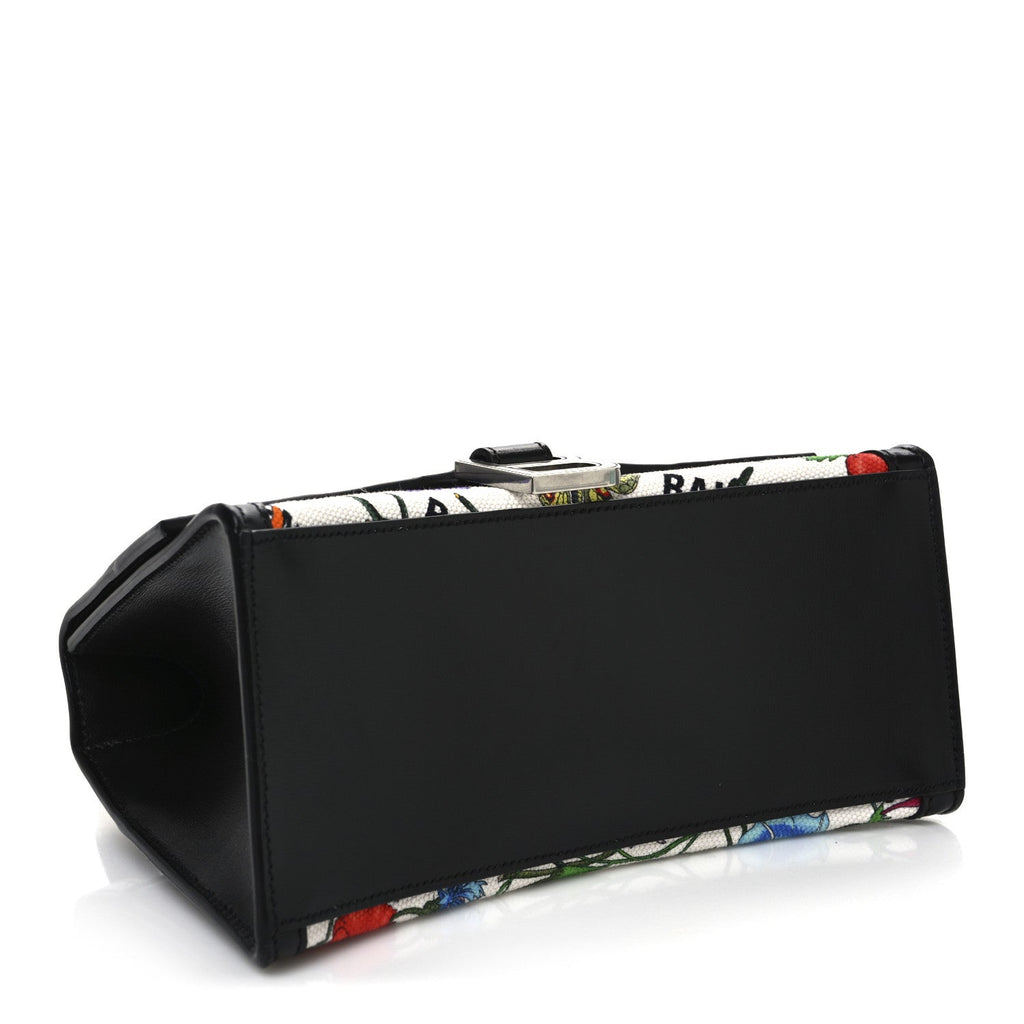X GUCCI Canvas Boarded Plutone Calfskin Flora Logo Print Small Hourglass Top Handle Bag White Multicolor Black