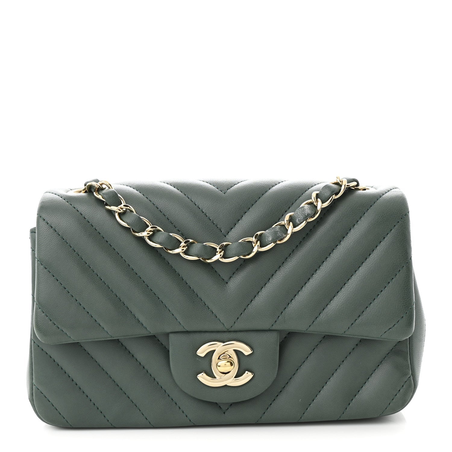 Lambskin Chevron Quilted Mini Rectangular Flap Dark Green