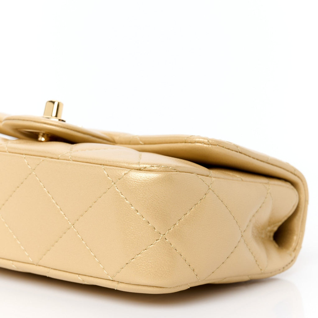 Metallic Lambskin Resin Quilted Top Handle Mini Flap Gold