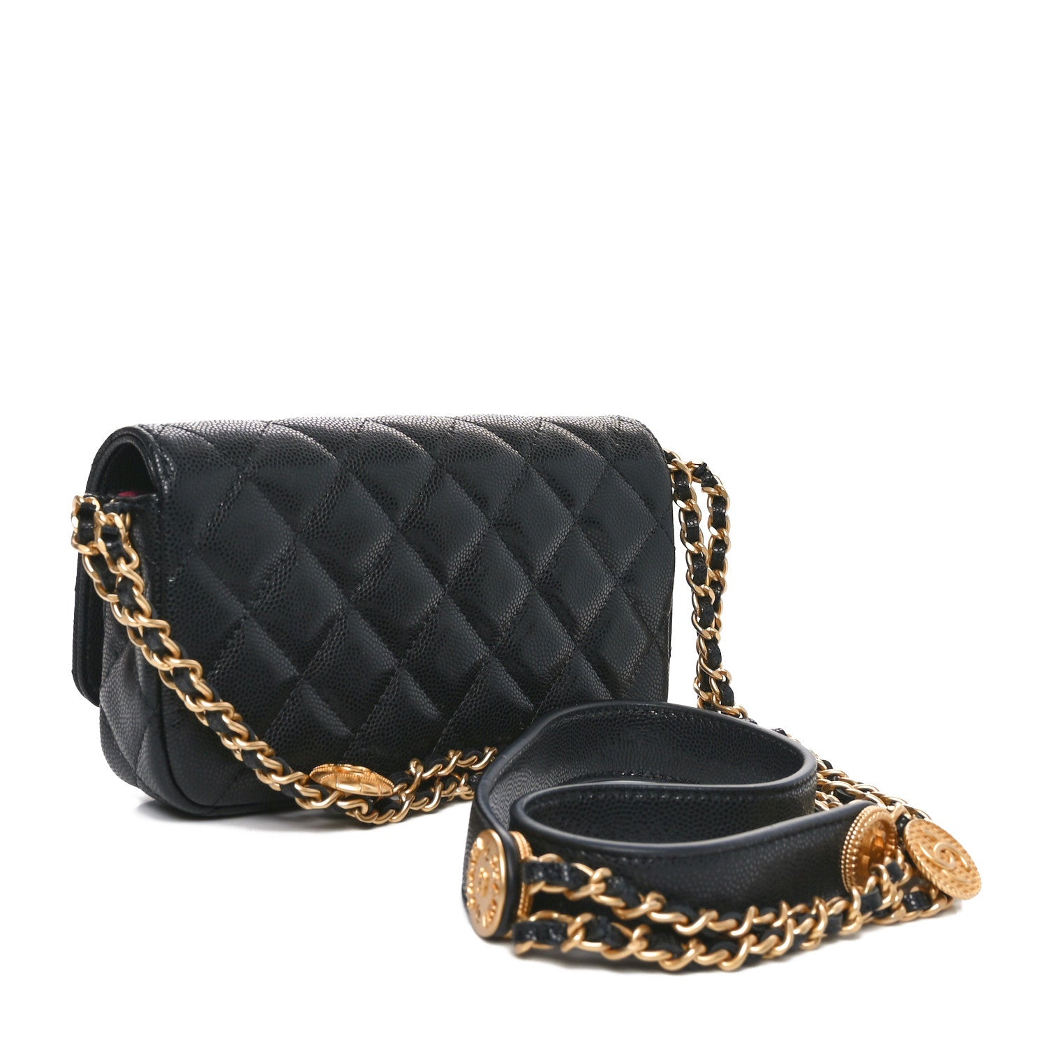 Caviar Quilted Yours Buttons Phone Holder With Chain Black