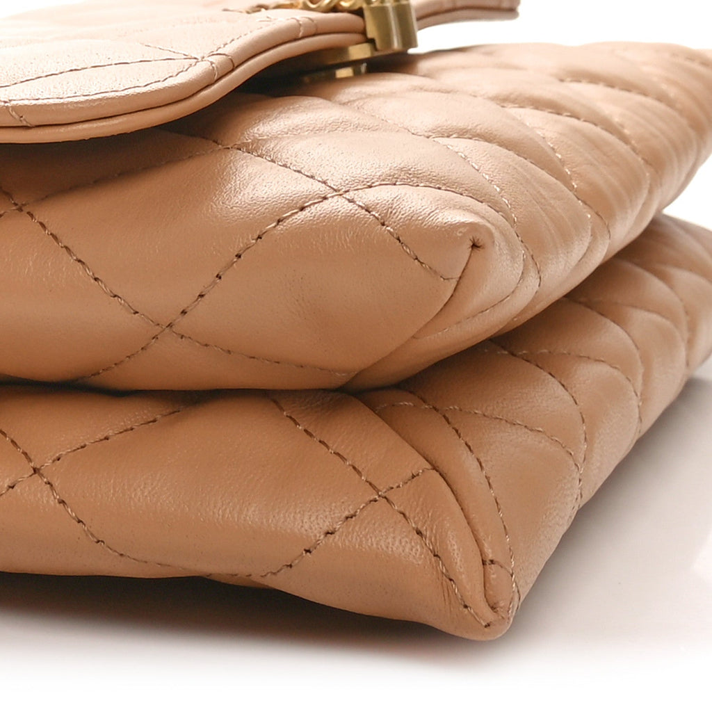 Crumpled Calfskin Quilted Coco First Flap Beige