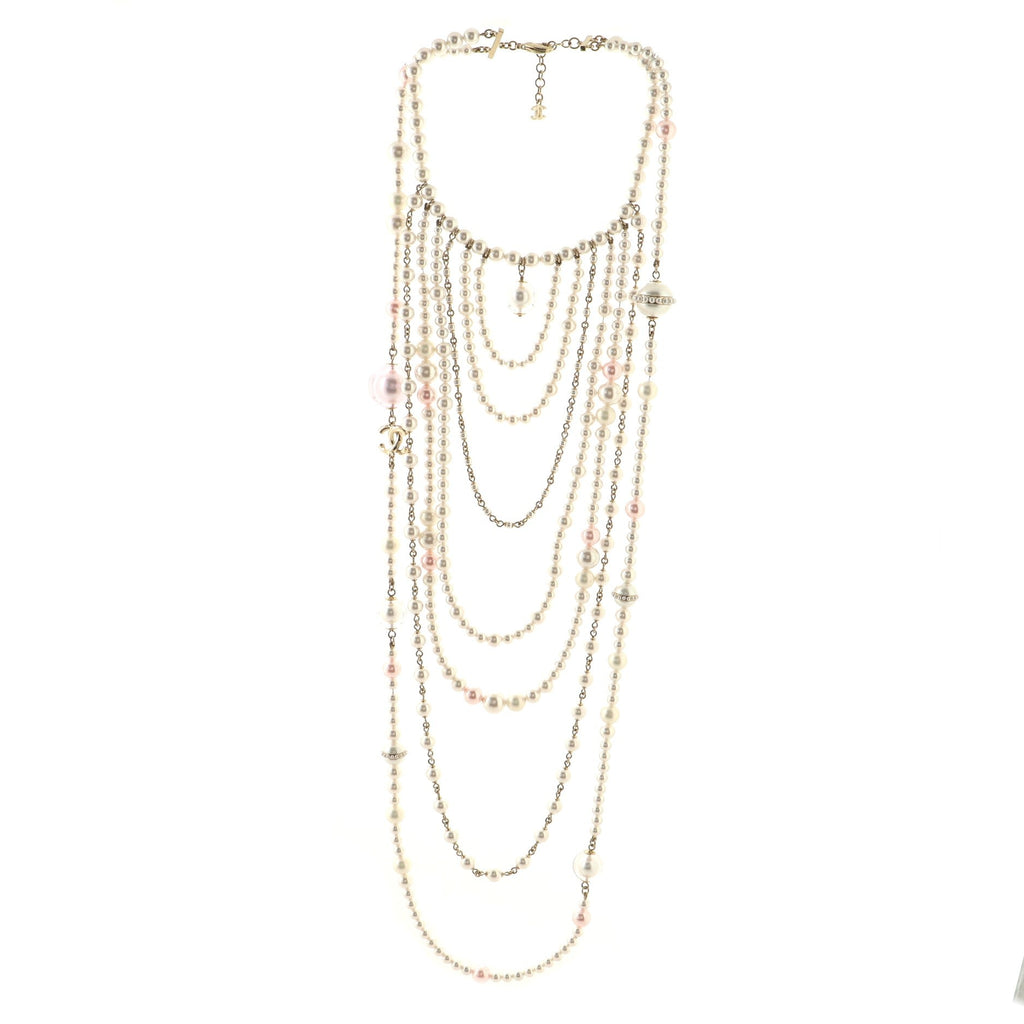 Multiple Chain CC Necklace Faux Pearl and Metal