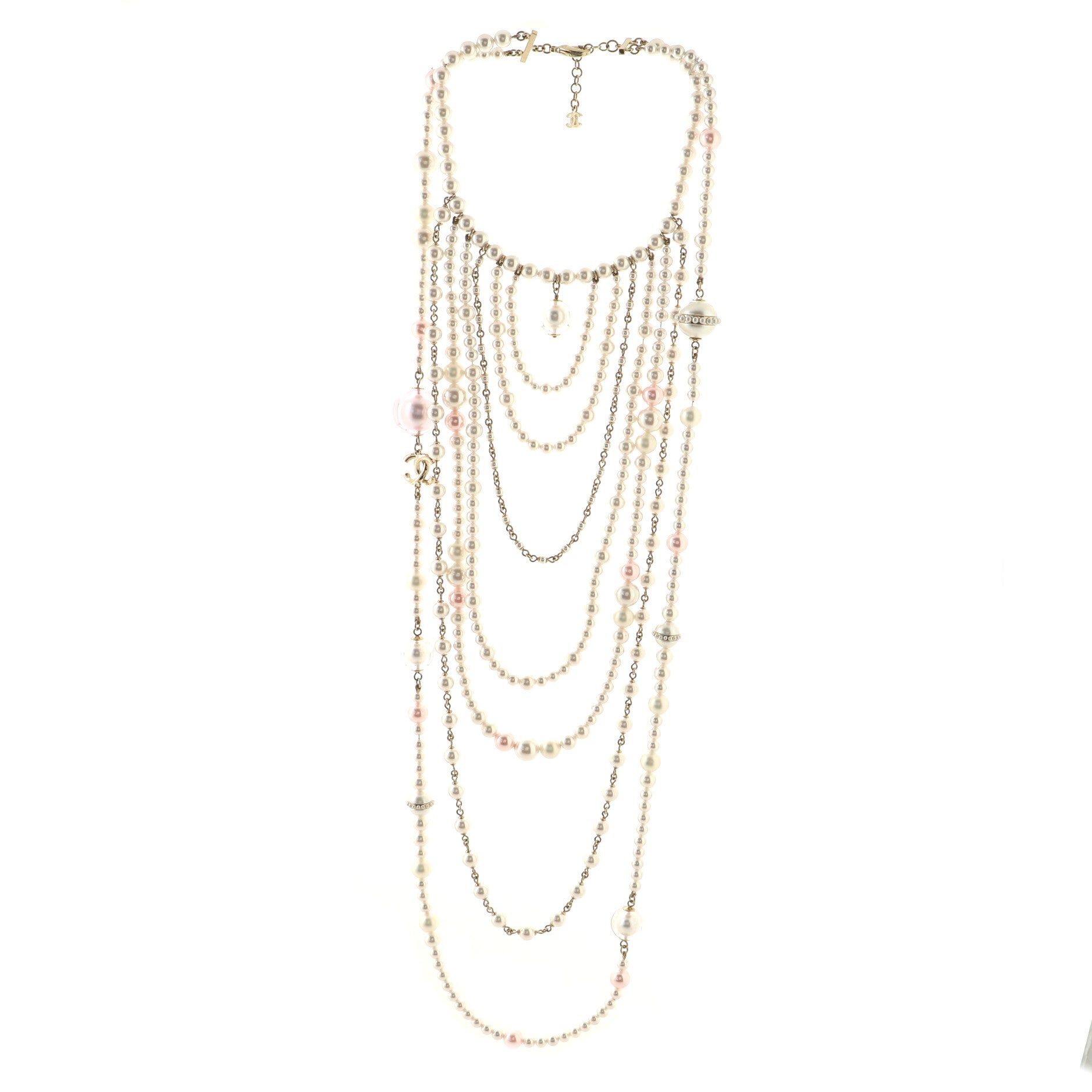 Multiple Chain CC Necklace Faux Pearl and Metal