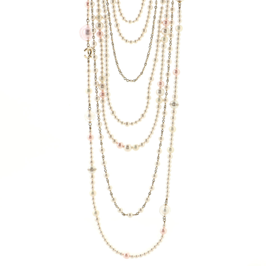 Multiple Chain CC Necklace Faux Pearl and Metal