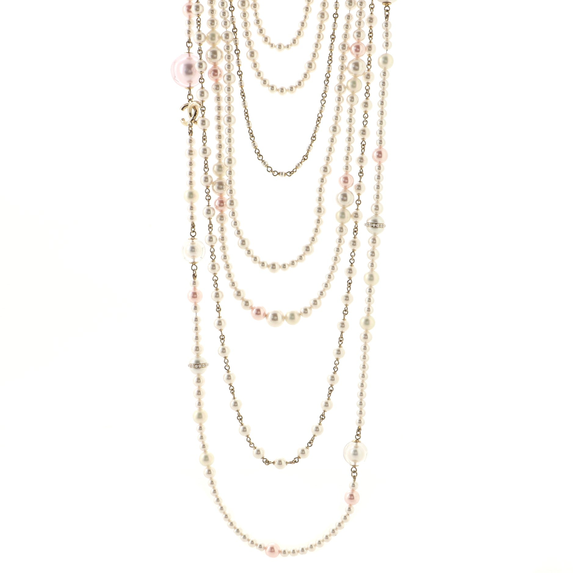 Multiple Chain CC Necklace Faux Pearl and Metal