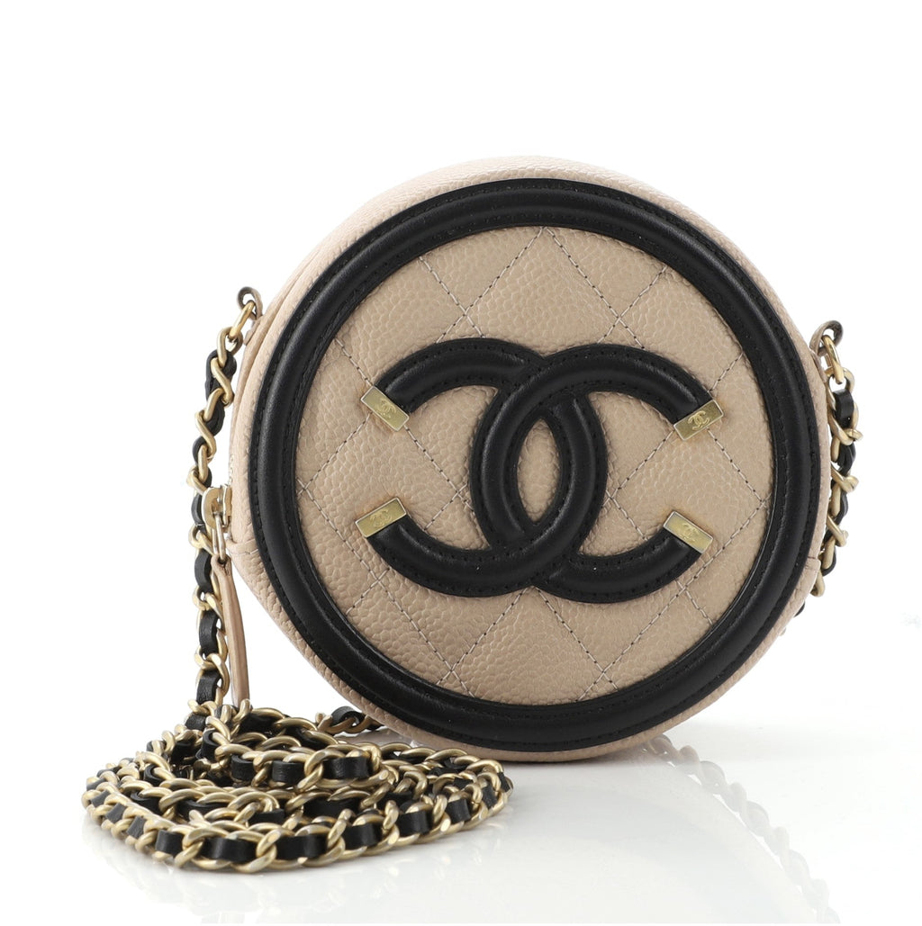 Filigree Round Clutch with Chain Quilted Caviar Mini
