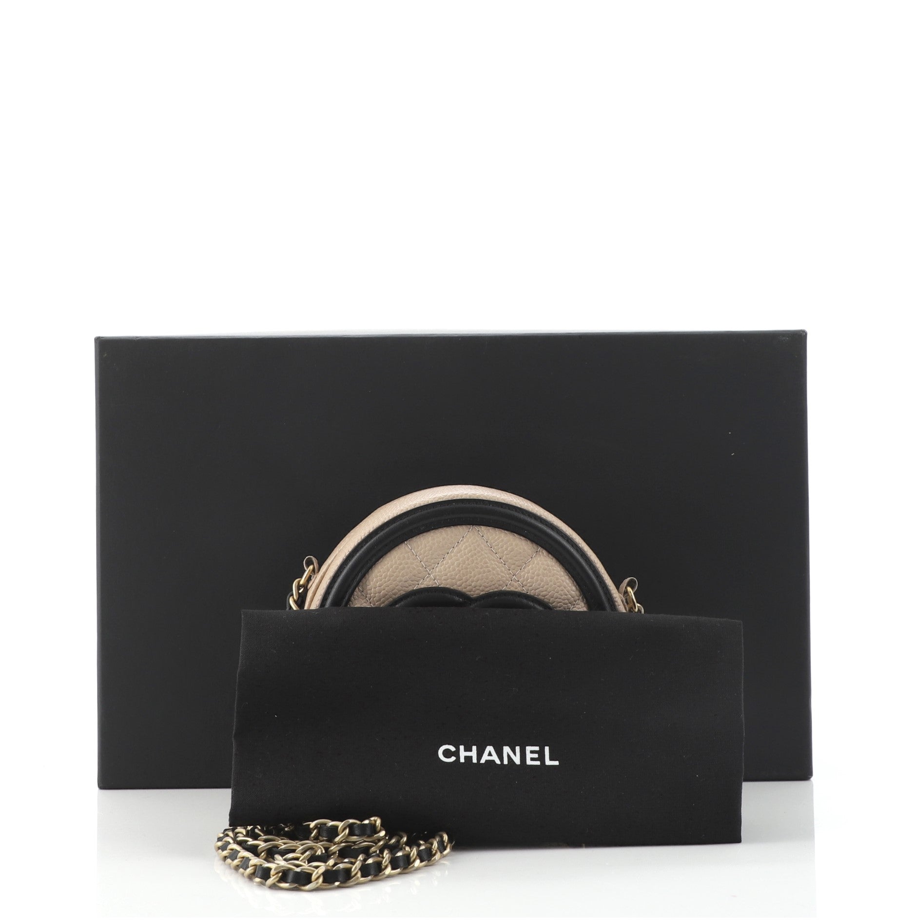 Filigree Round Clutch with Chain Quilted Caviar Mini