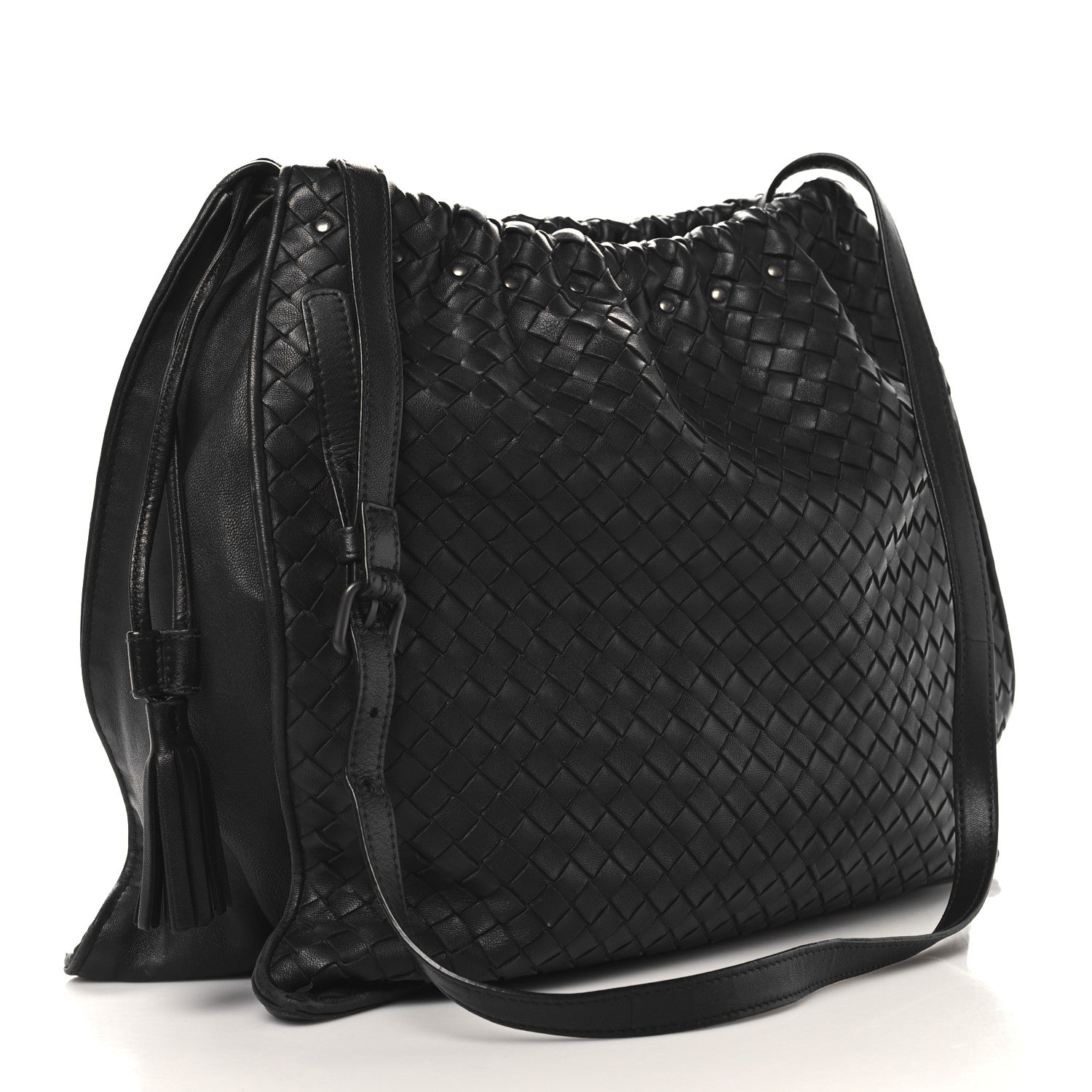 Nappa Intrecciato Medium Drawstring Tassel Tote Black