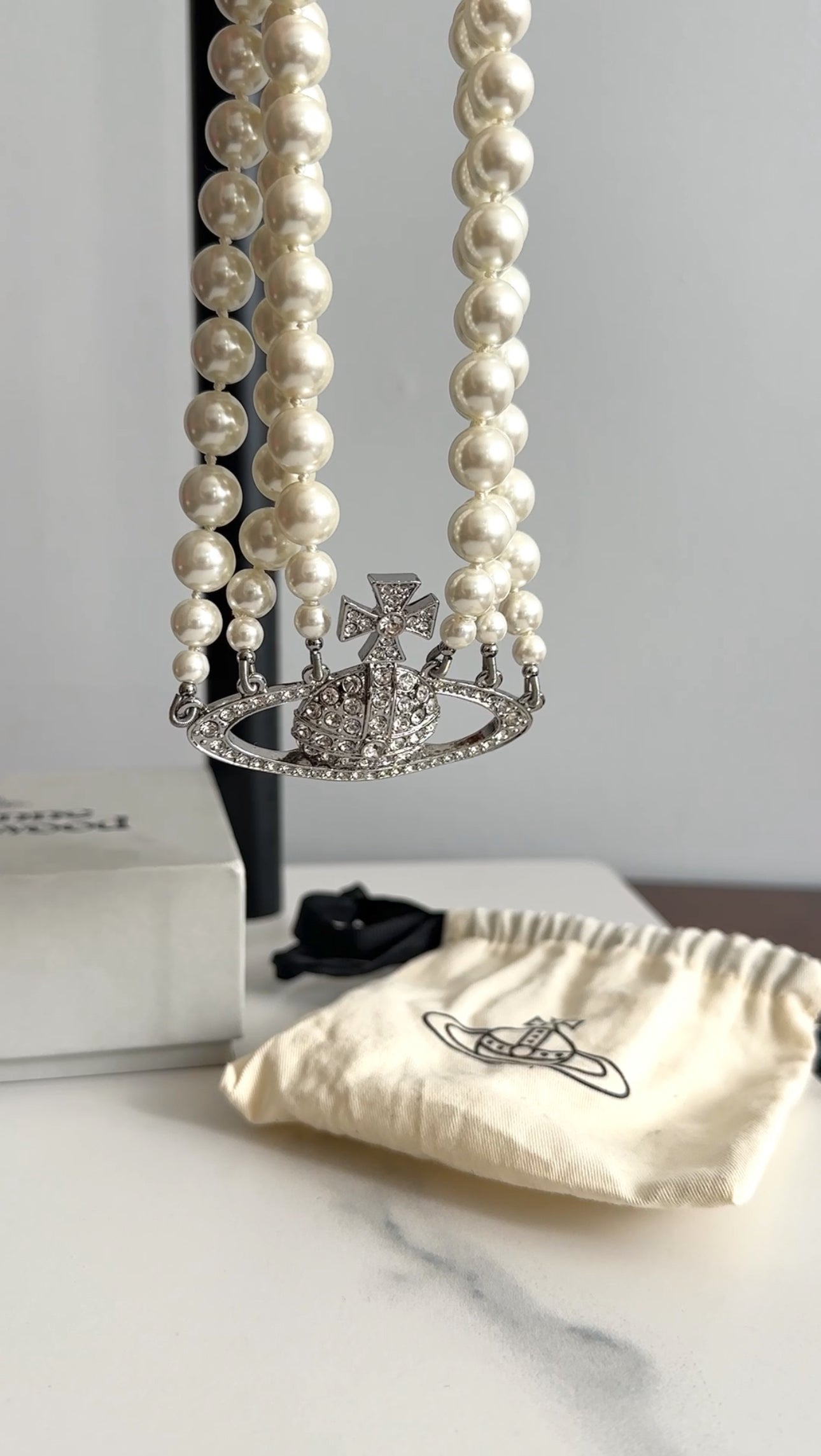 Vivienne Westwood Pearl and Crystal Orb Triple Bas Relief Choker Necklace