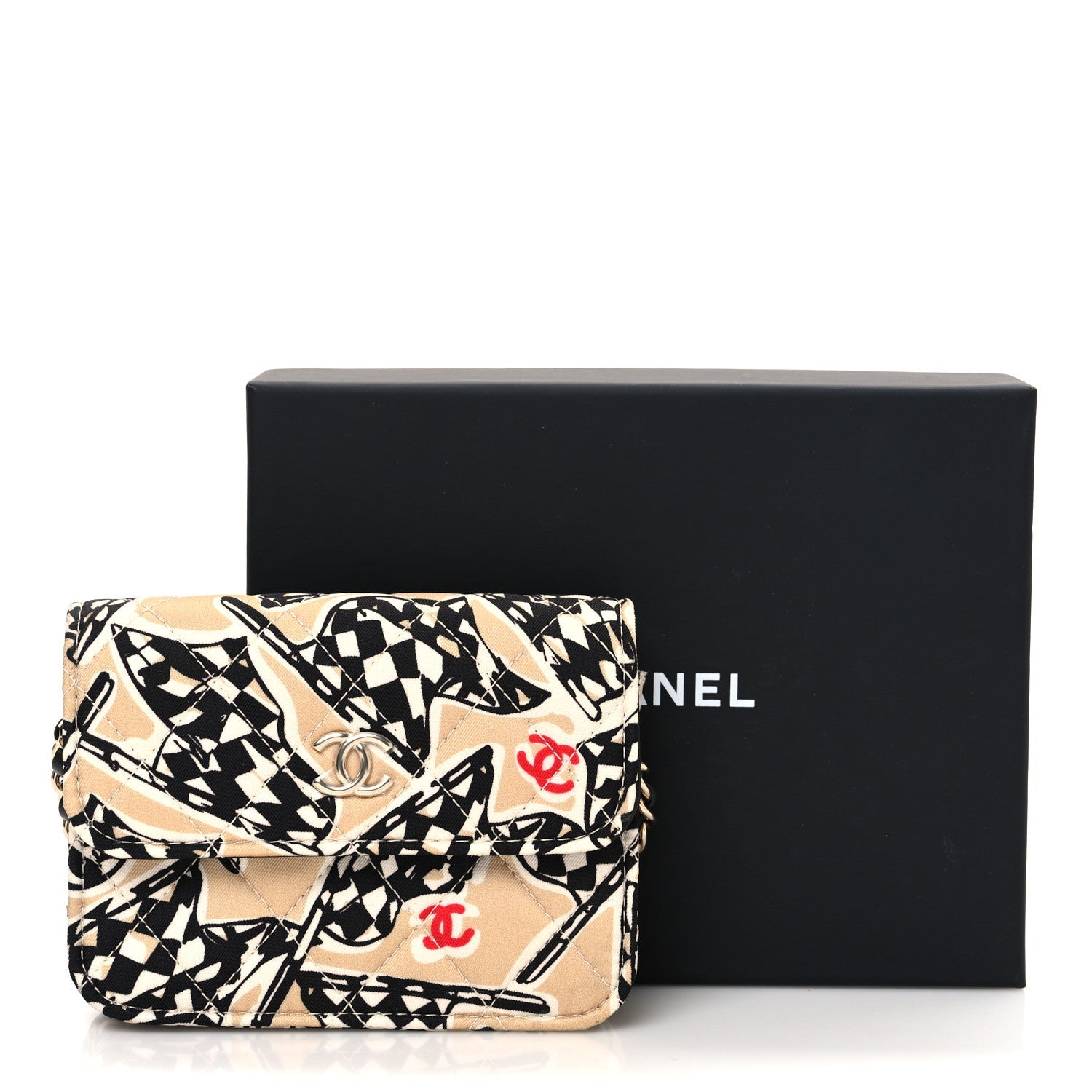 Canvas Check Flag Printed CC Clutch With Chain Beige Multicolor
