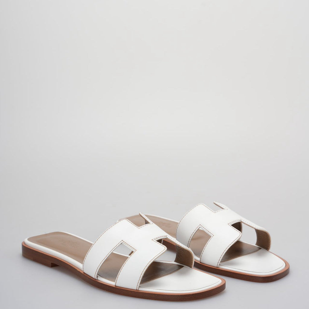 Hermes White Leather Oran Flats Sandals Size 36