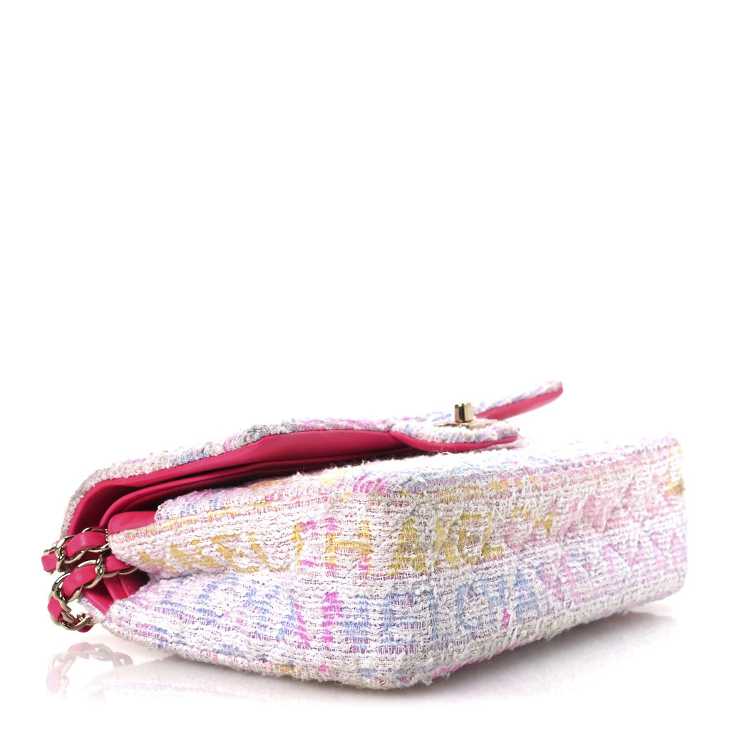 Tweed Quilted Enamel CC Logo Medium Double Flap Pink Multicolor