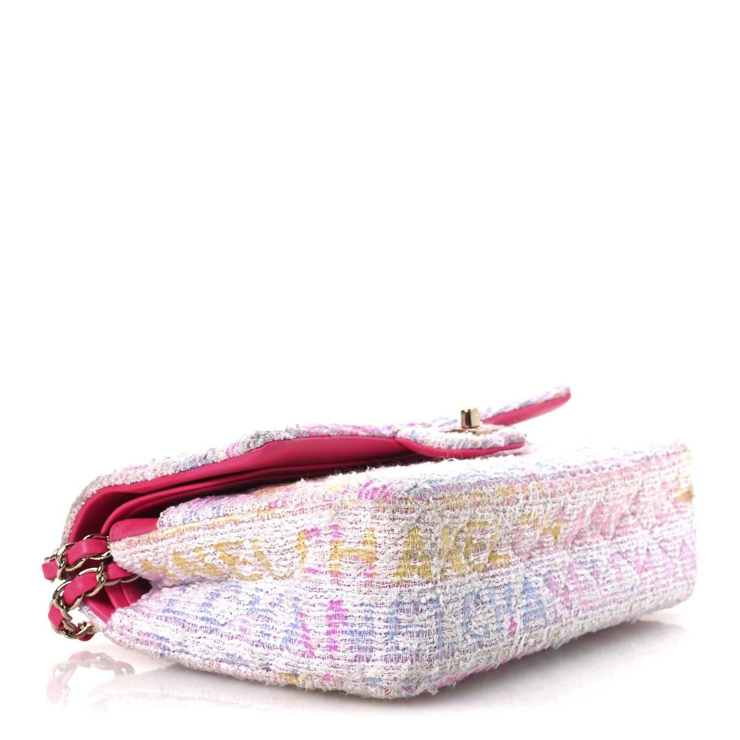 Tweed Quilted Enamel CC Logo Medium Double Flap Pink Multicolor