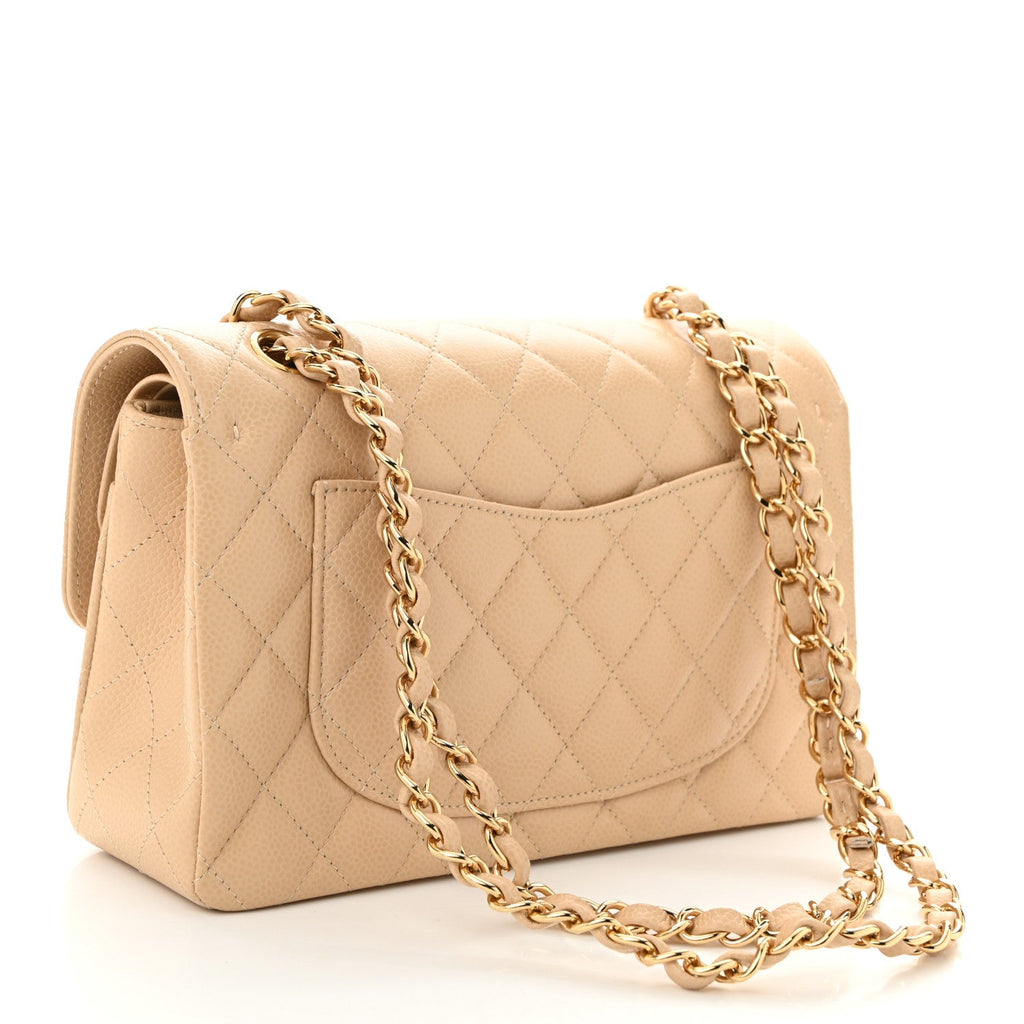 Caviar Quilted Small Double Flap Beige