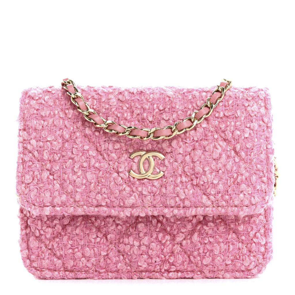 Tweed Quilted Flap Chain Waist Bag Pink