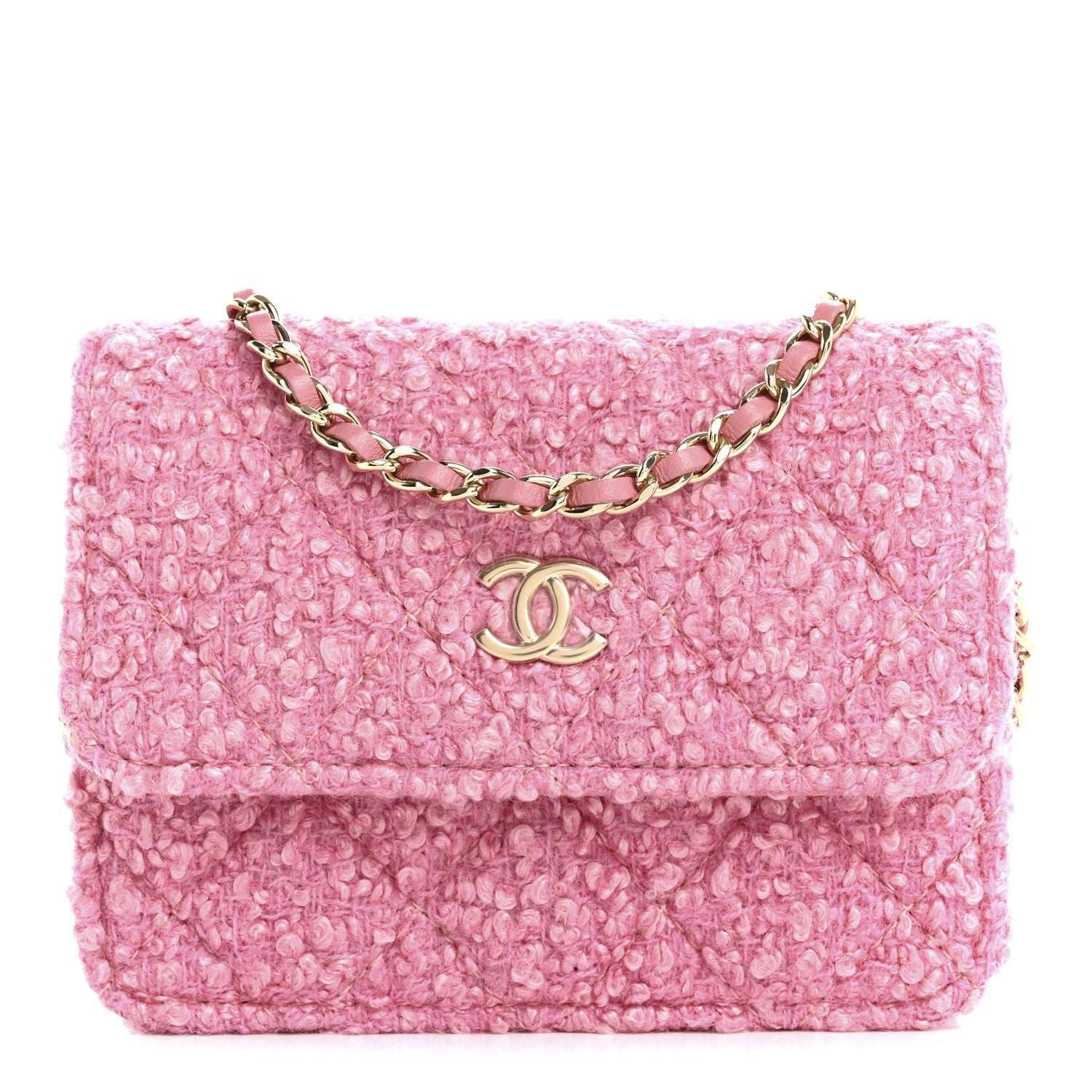 Tweed Quilted Flap Chain Waist Bag Pink