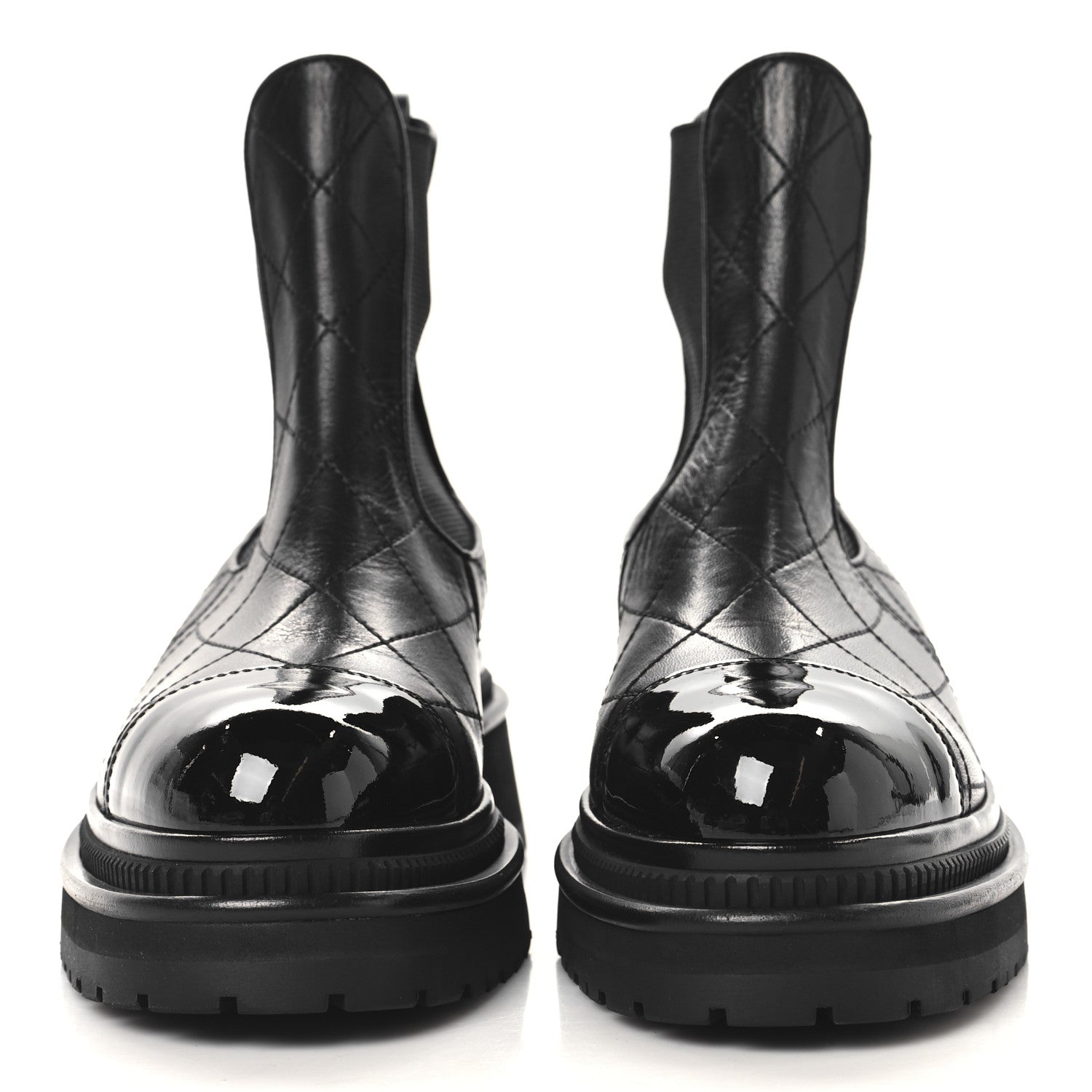 Calfskin Patent Cap Toe Quilted Short Boots 37 Black