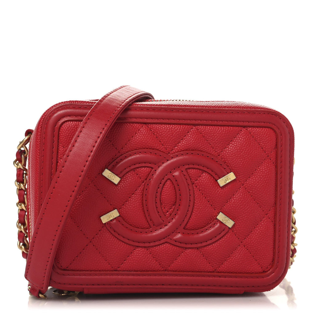 Caviar Quilted Filigree Vanity Clutch With Chain Red