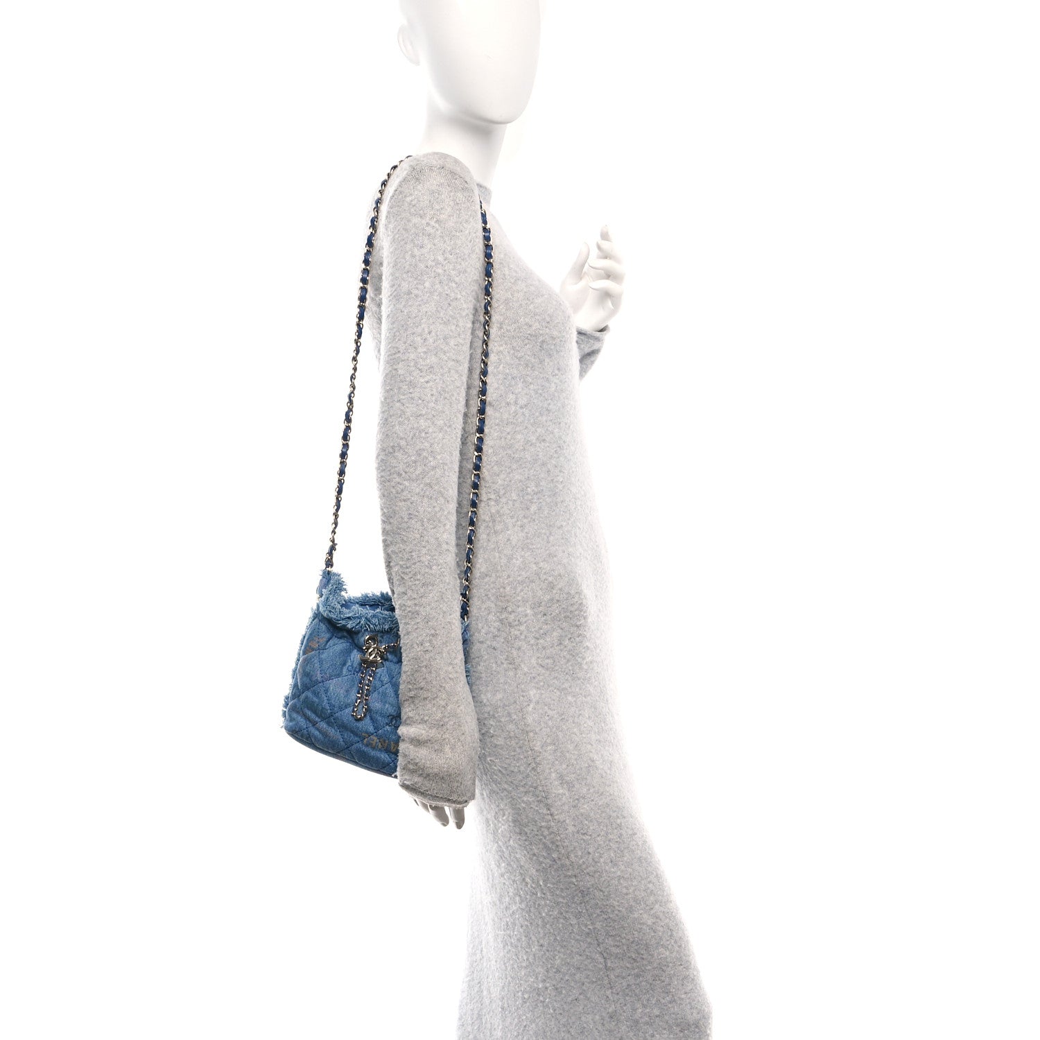 Denim Quilted Small Mood Bucket With Chain Blue Multicolor