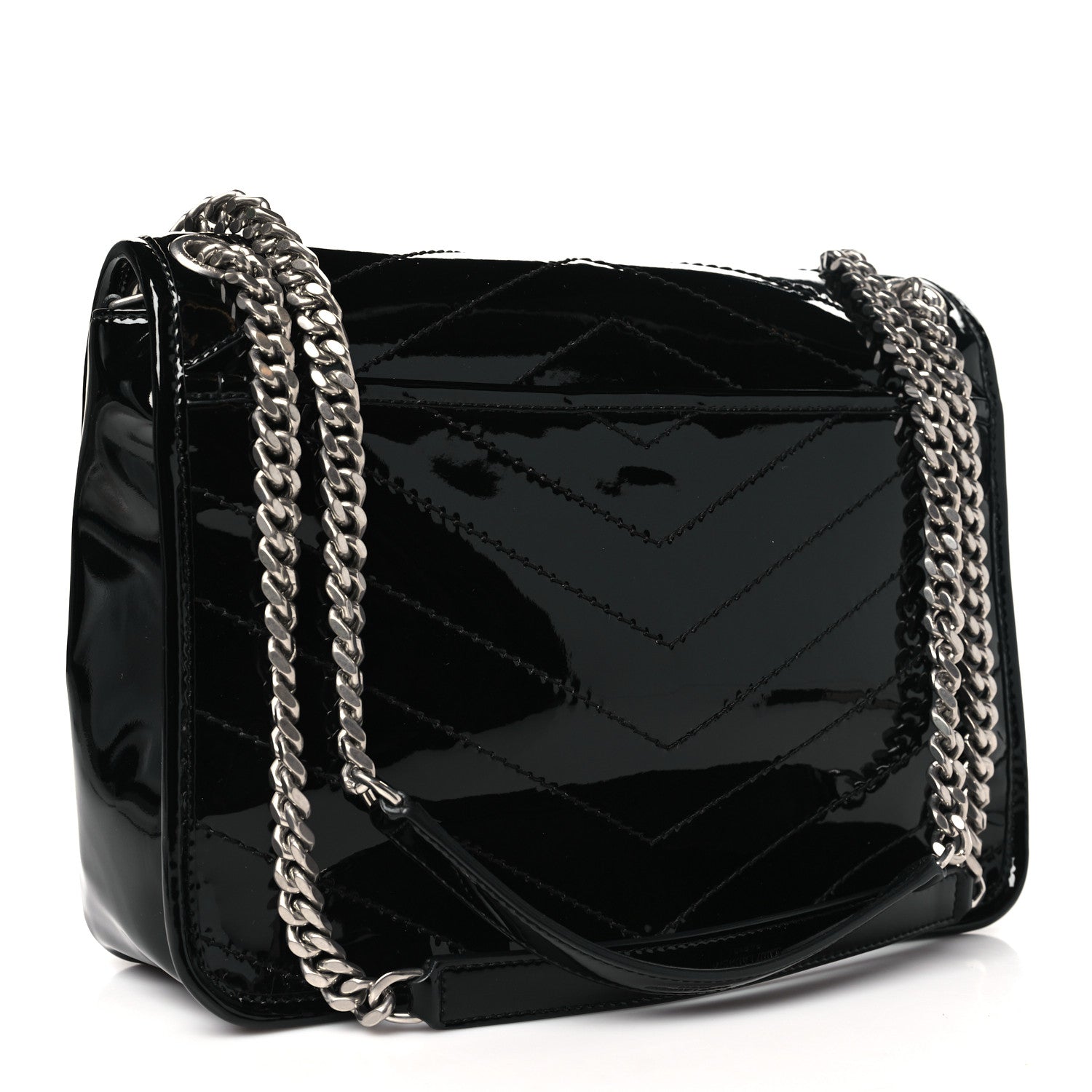 Faux Patent Matelasse Monogram Medium Niki Chain Satchel Black