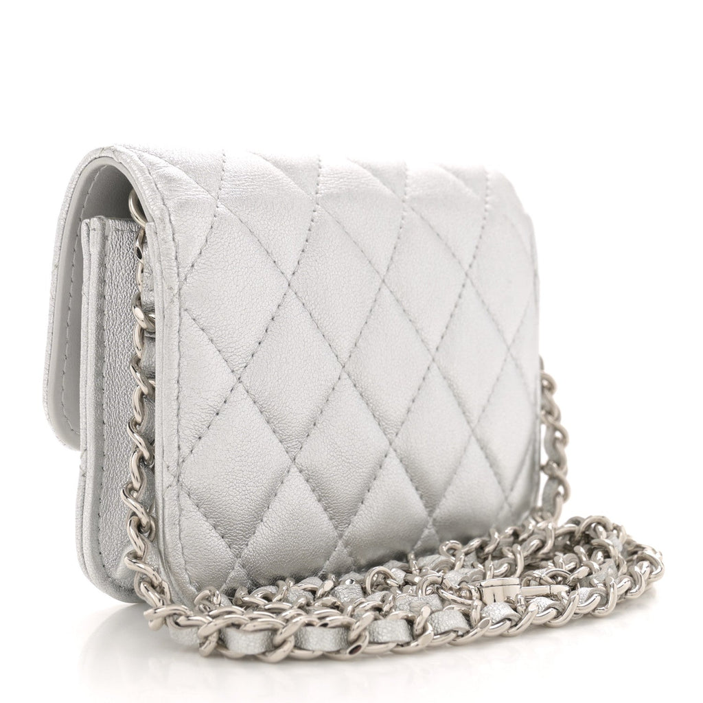 Metallic Goatskin Quilted Star Flap Waist Belt Bag Silver
