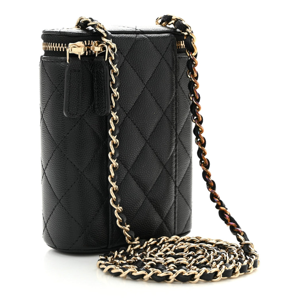 Caviar Quilted Small Vertical Coco Beauty Vanity Case With Chain Black