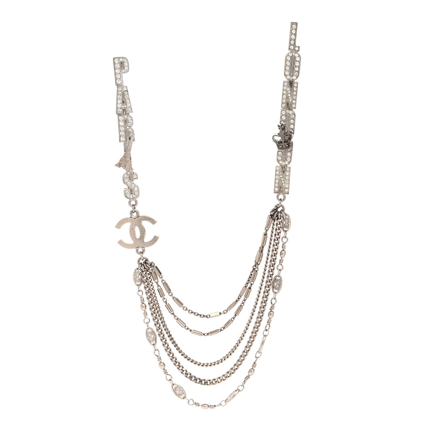 Crystal CC London Paris Multi Strand Chain Brooch Silver