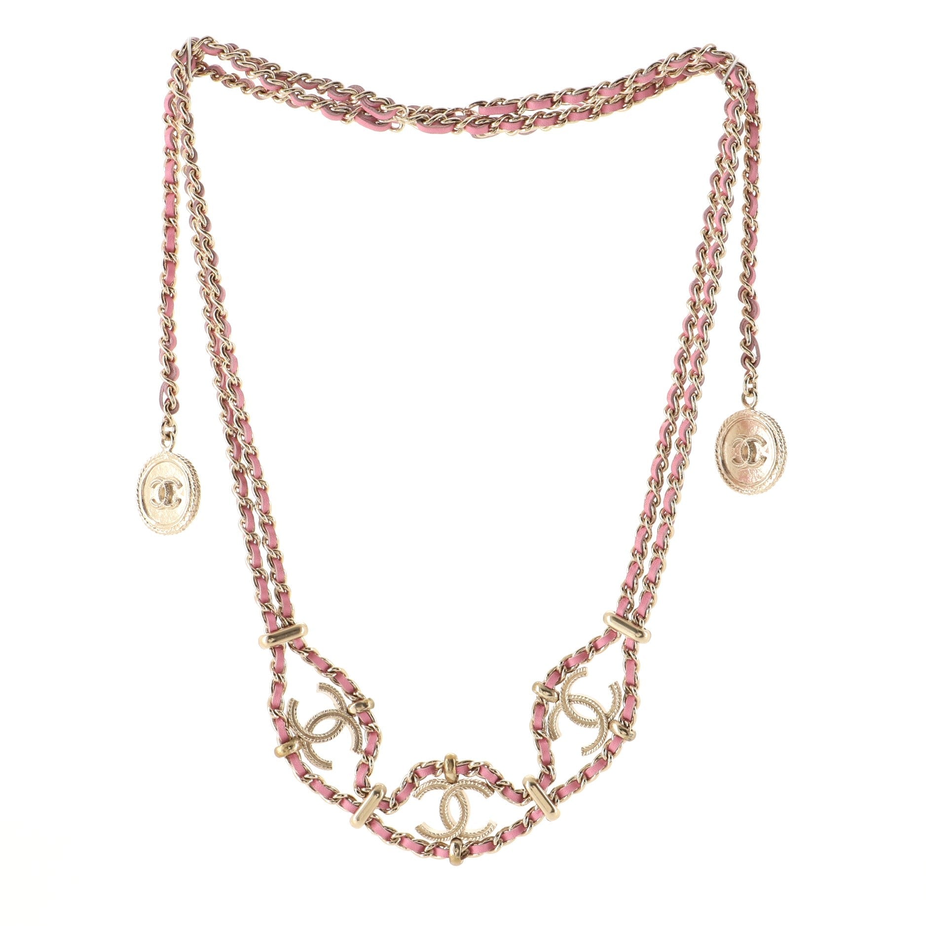 Triple CC Double Chain Necklace Metal and Leather