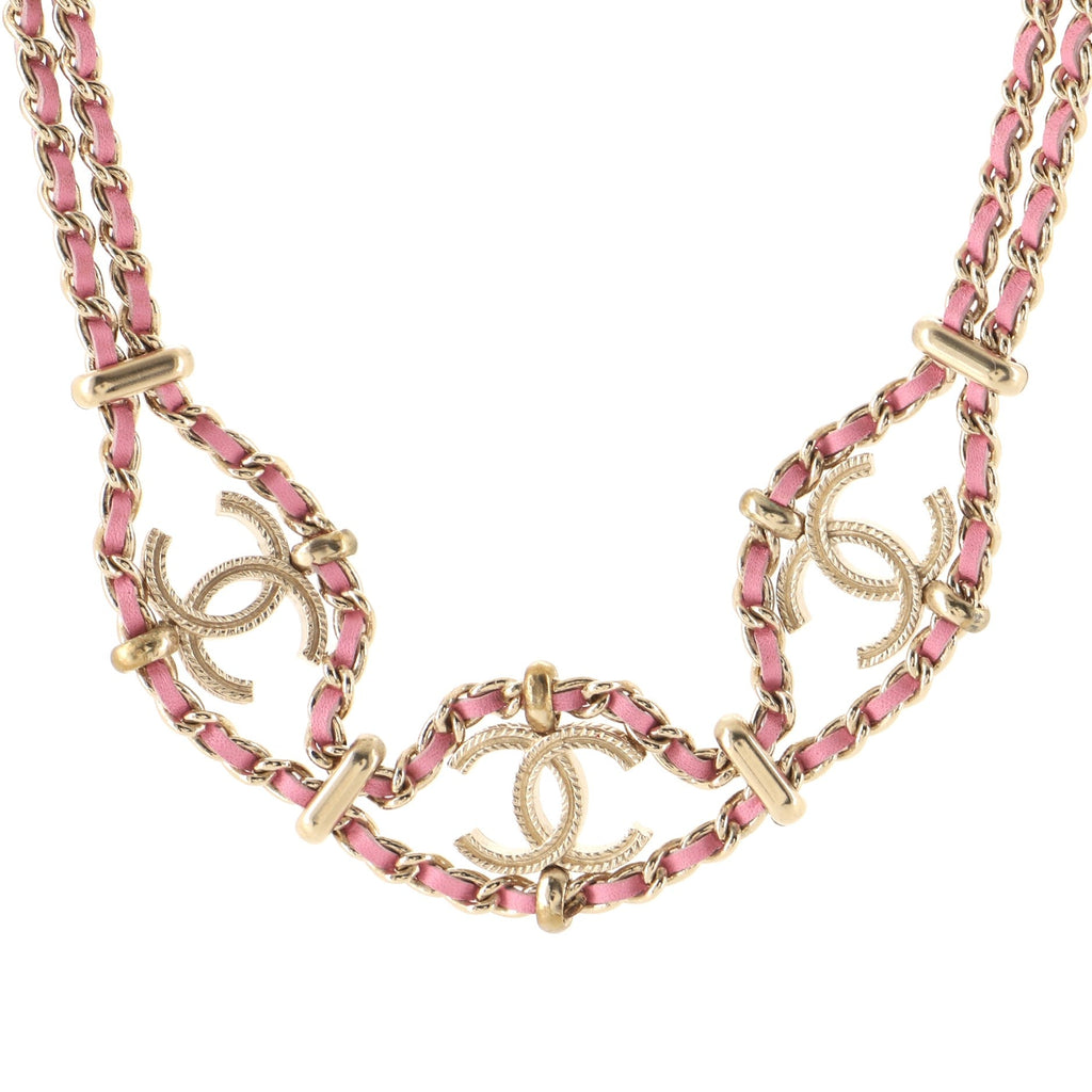 Triple CC Double Chain Necklace Metal and Leather
