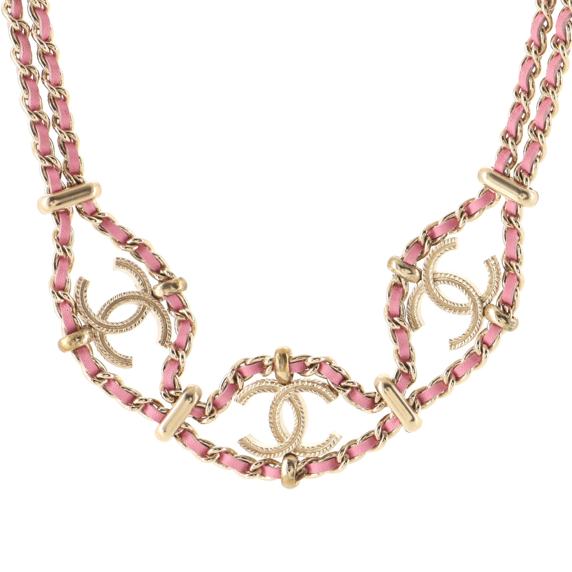 Triple CC Double Chain Necklace Metal and Leather
