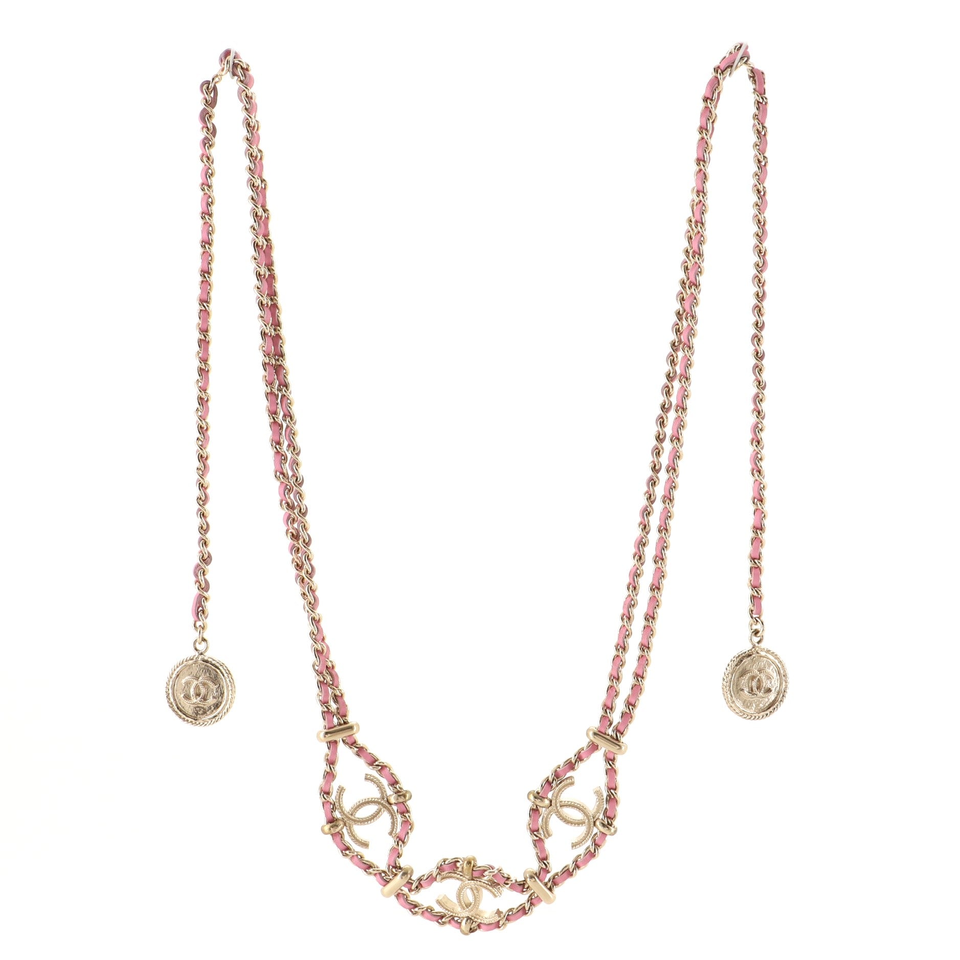 Triple CC Double Chain Necklace Metal and Leather