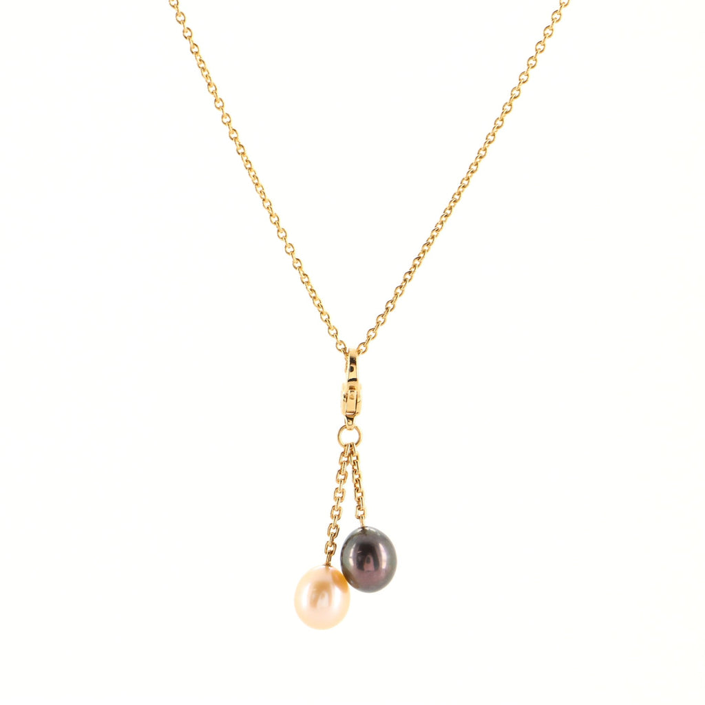 Double Pendant Chain Necklace 18K Yellow Gold with Pearls