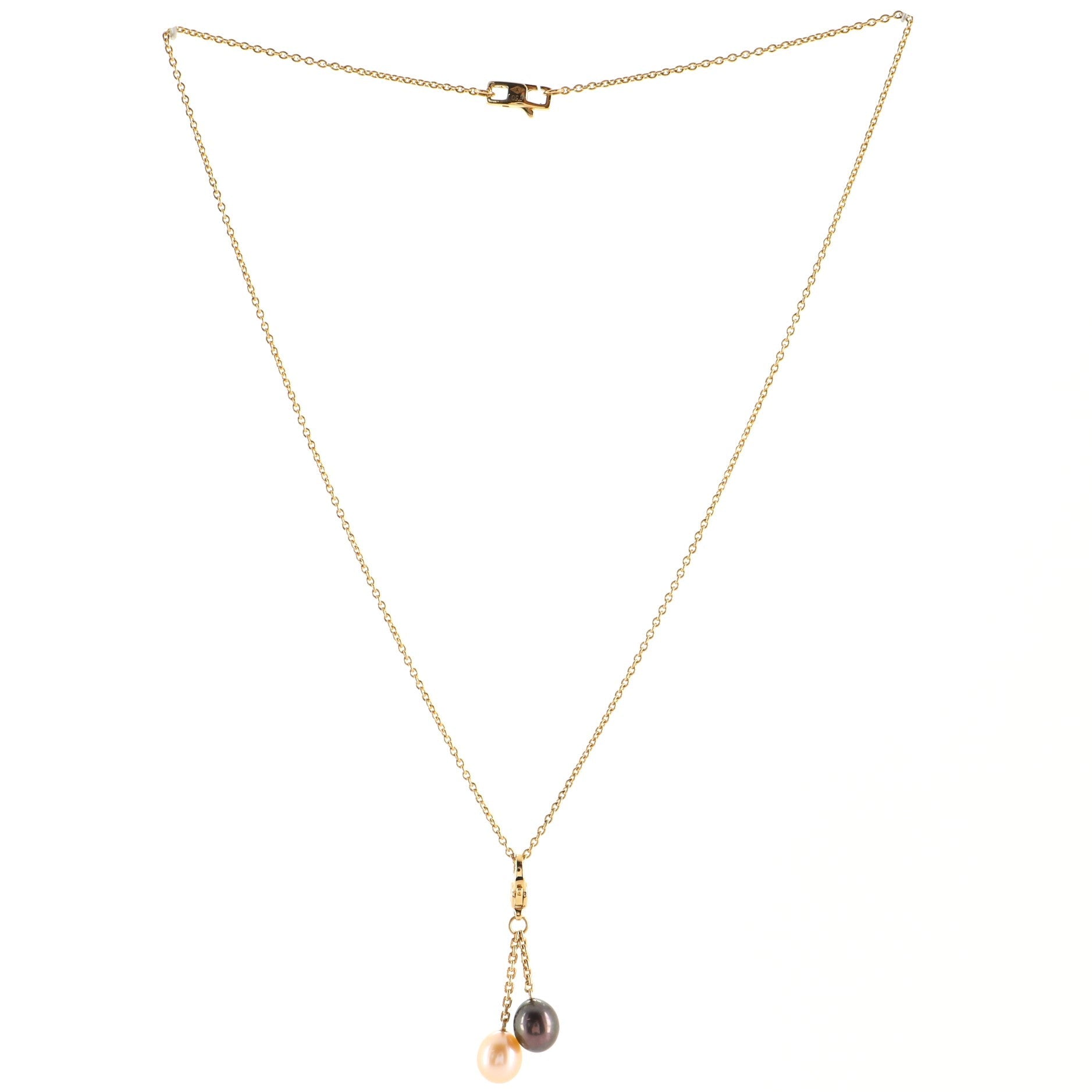 Double Pendant Chain Necklace 18K Yellow Gold with Pearls