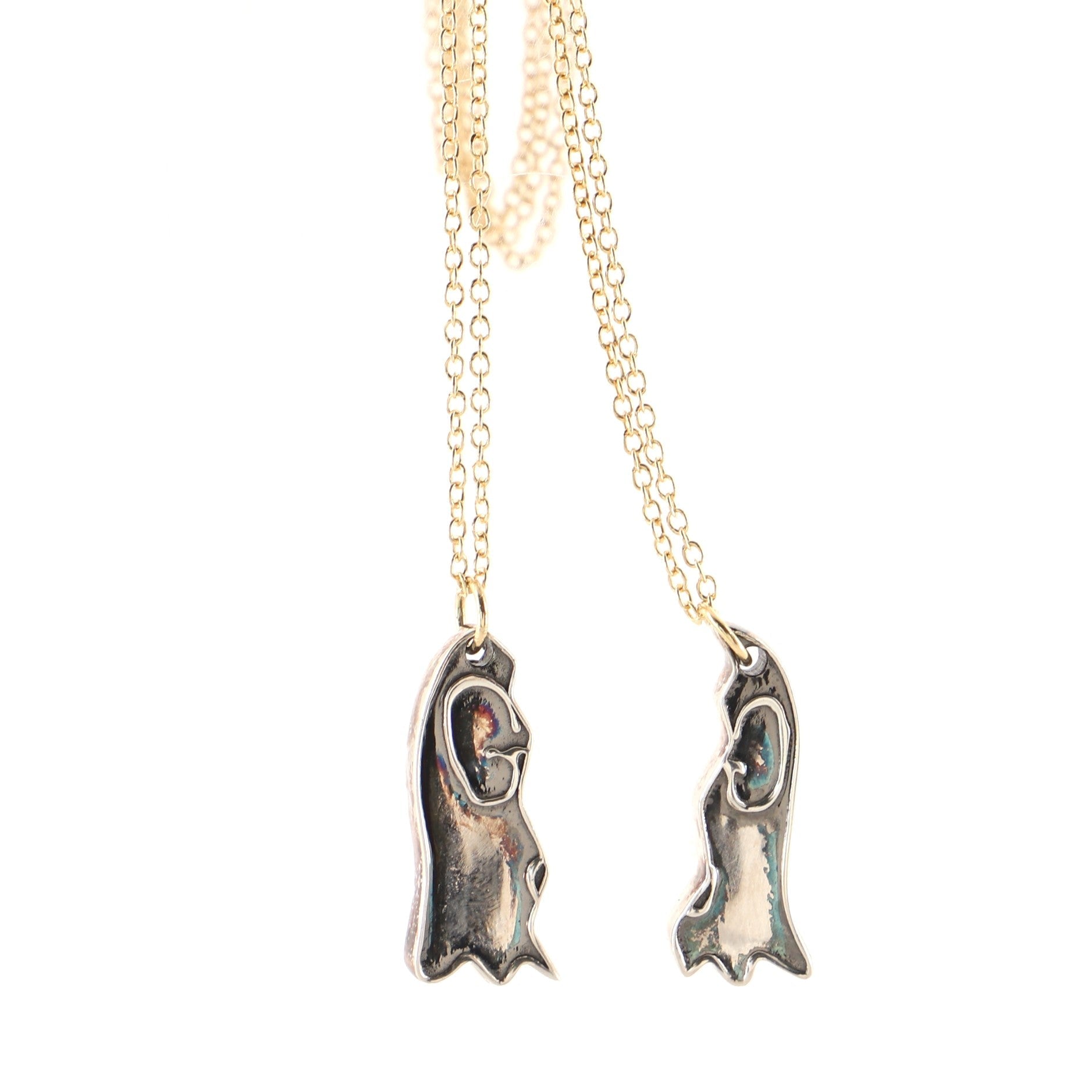 Ghost Pendant Pair Necklace 18K Yellow Gold and Sterling Silver