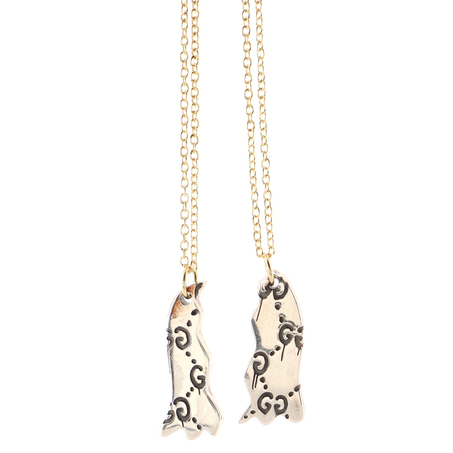Ghost Pendant Pair Necklace 18K Yellow Gold and Sterling Silver