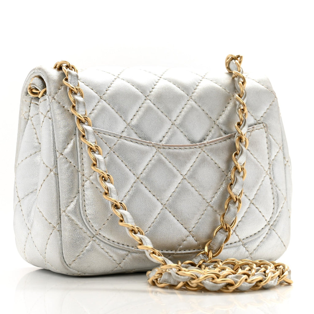 Metallic Lambskin Quilted Mini Square Flap Silver