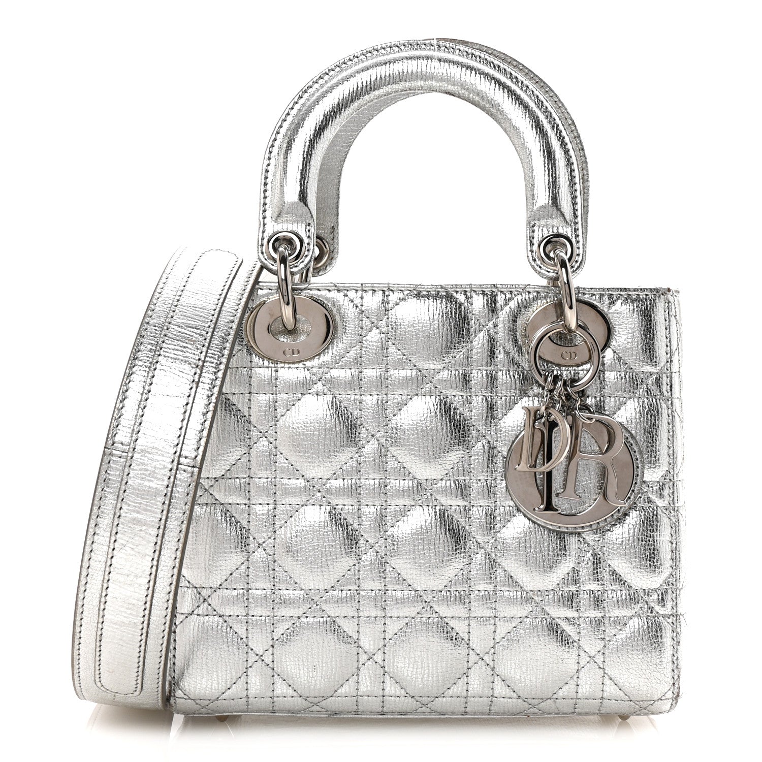 Metallic Grained Calfskin Cannage Small Lucky Badges My Lady Dior Silver