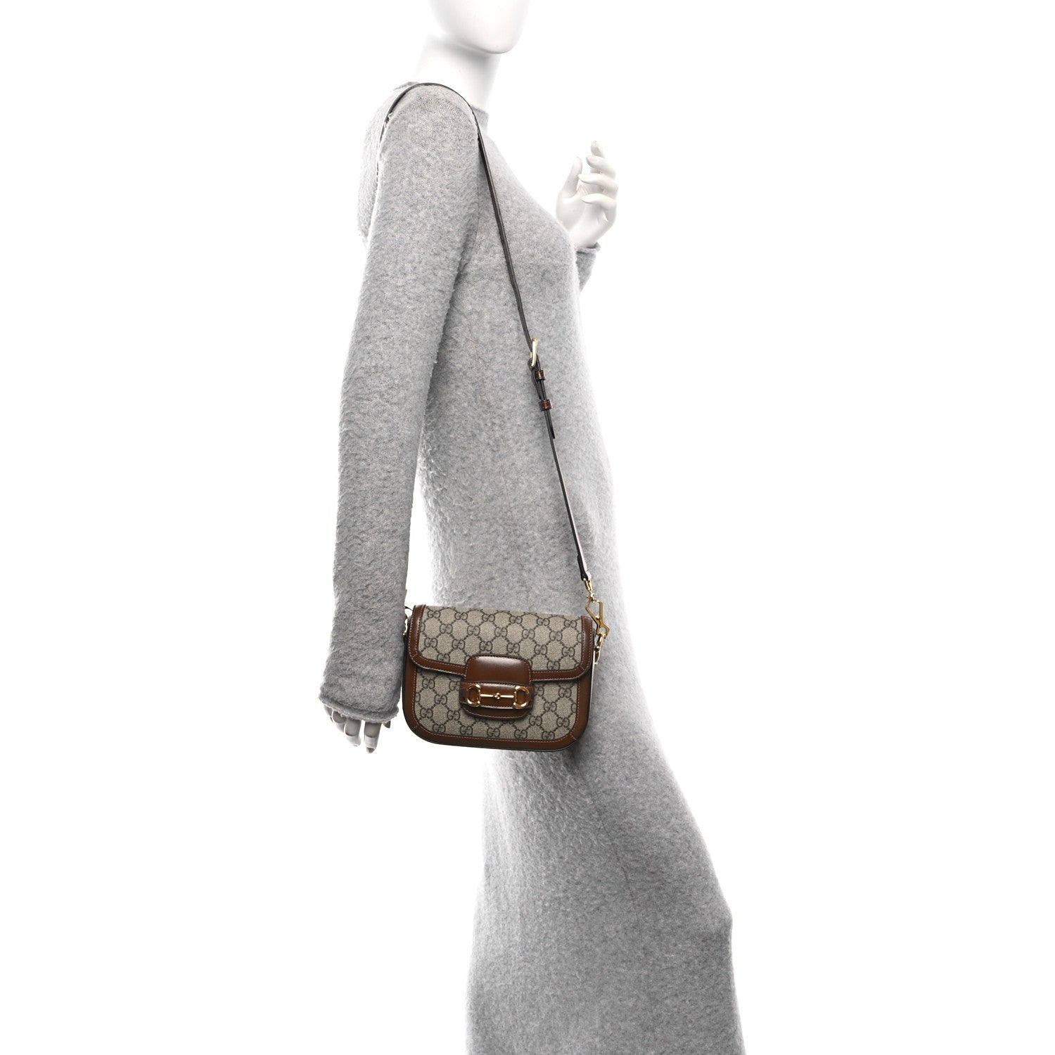 GG Supreme Monogram Web Mini Horsebit 1955 Shoulder Bag Beige Brown Sugar