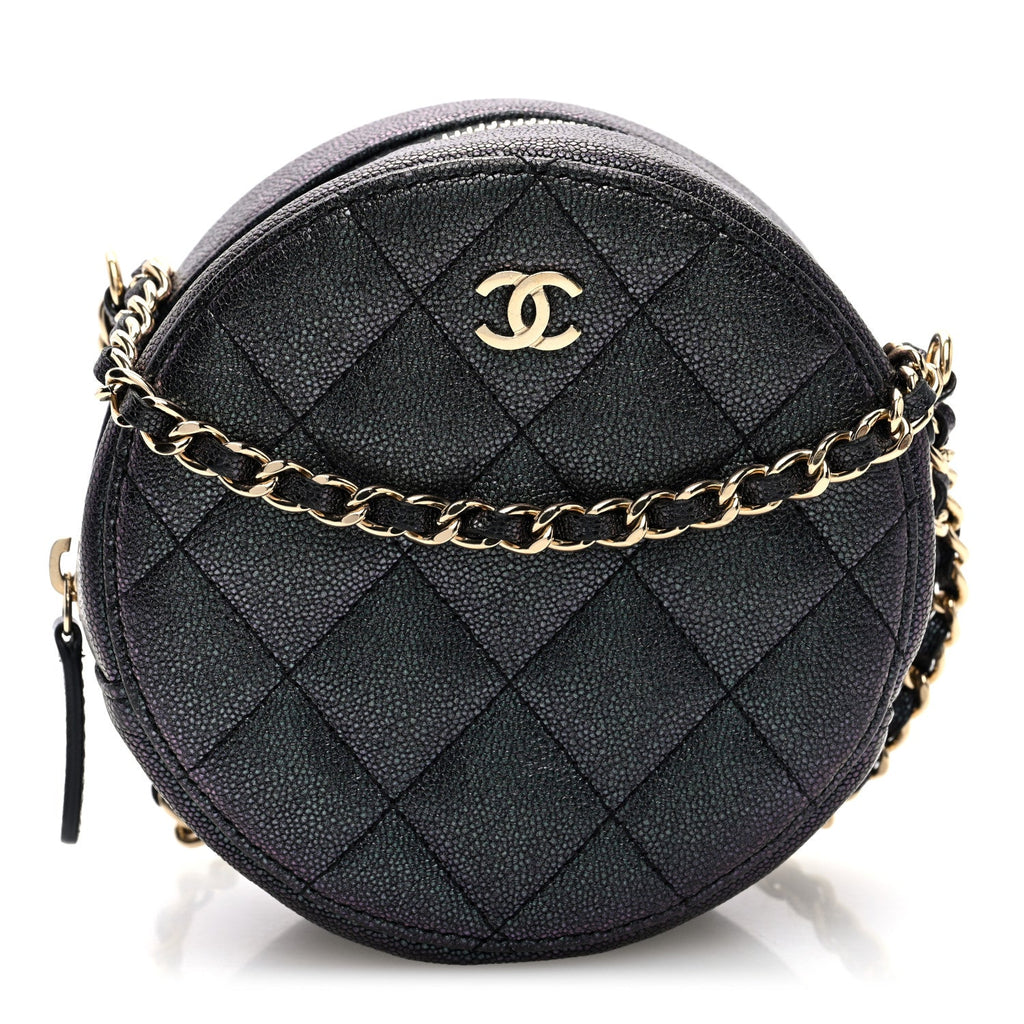 Iridescent Caviar Quilted Round Clutch With Chain Black