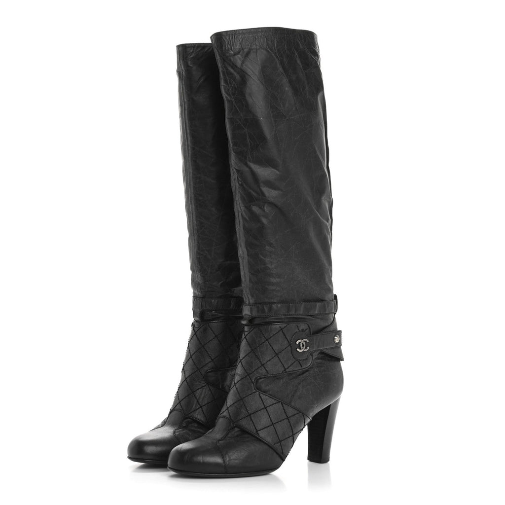 Aged Calfskin Quilted Knee High CC Boots 38.5 Black