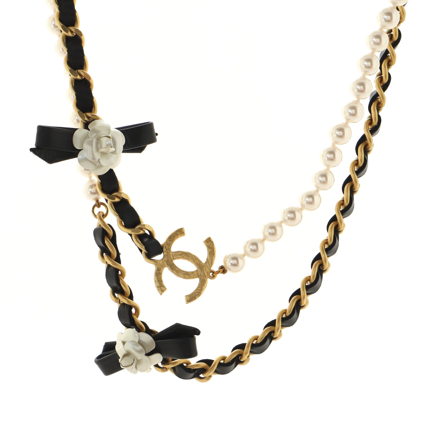 CC Camellia Long Necklace Metal with Leather and Faux Pearls