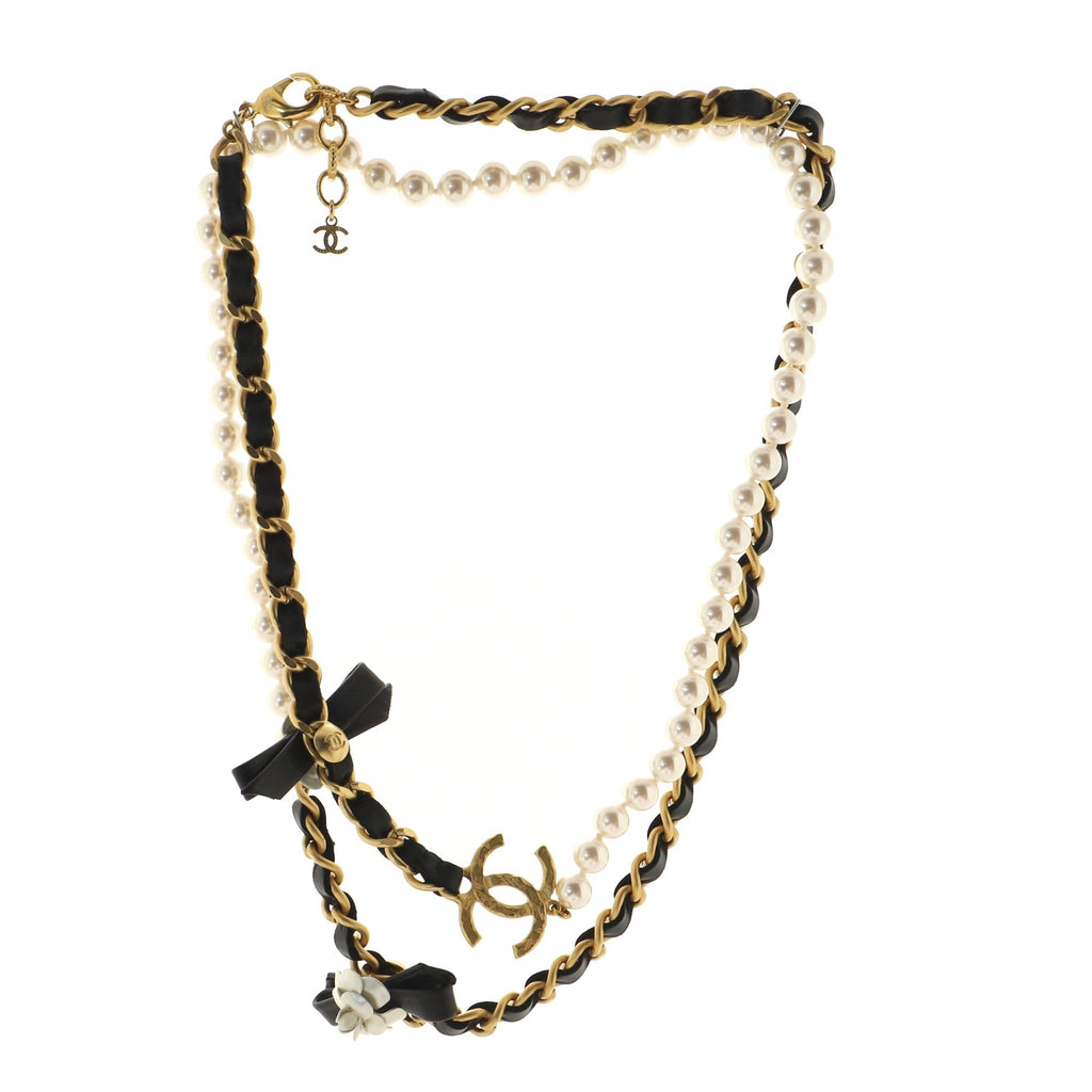 CC Camellia Long Necklace Metal with Leather and Faux Pearls