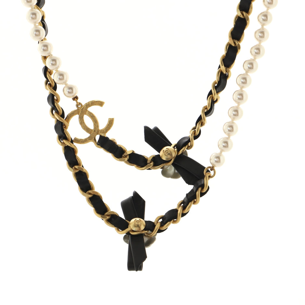 CC Camellia Long Necklace Metal with Leather and Faux Pearls