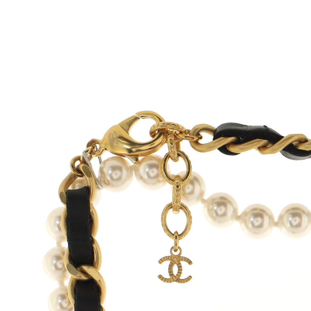 CC Camellia Long Necklace Metal with Leather and Faux Pearls